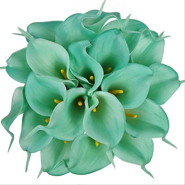 Mint-colored artificial calla lily flowers grouped together