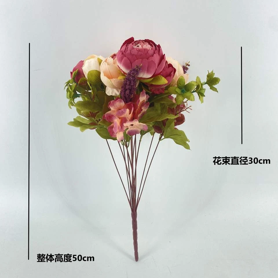 Pink, cream and burgundy artificial flowers on grouped stems, with size annotations in the source photo