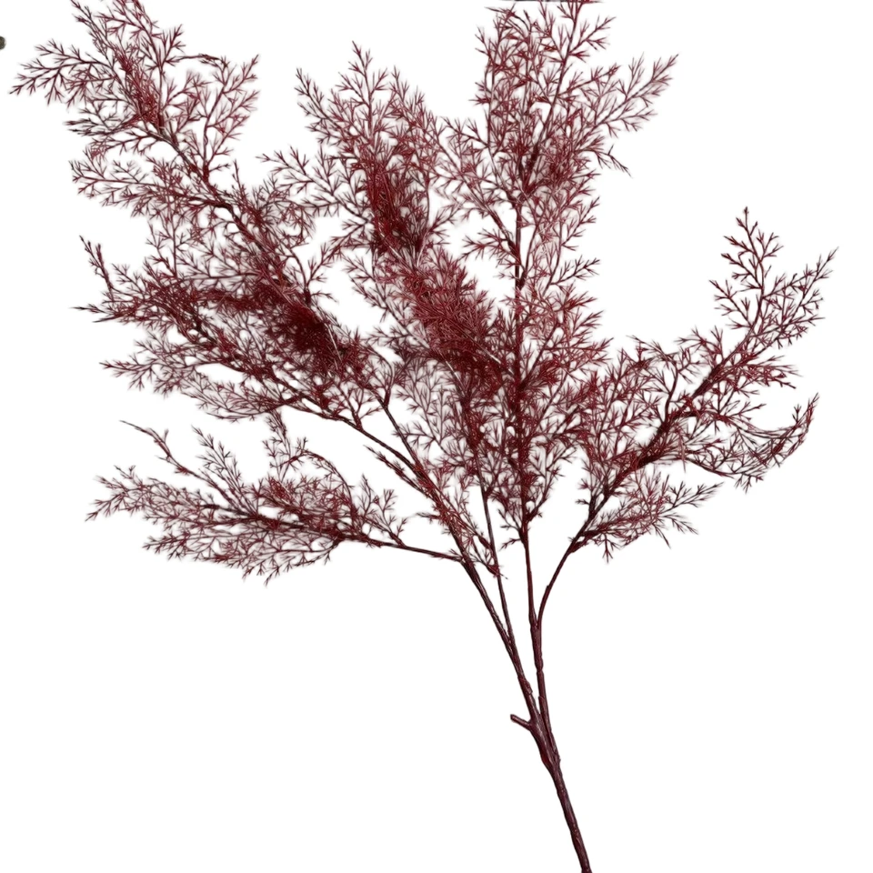 Burgundy artificial fine-leaf branches spreading from a single stem