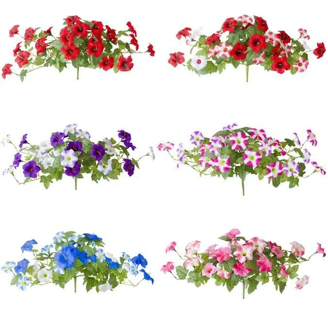 Six color combinations of trailing artificial flowers displayed on a white background