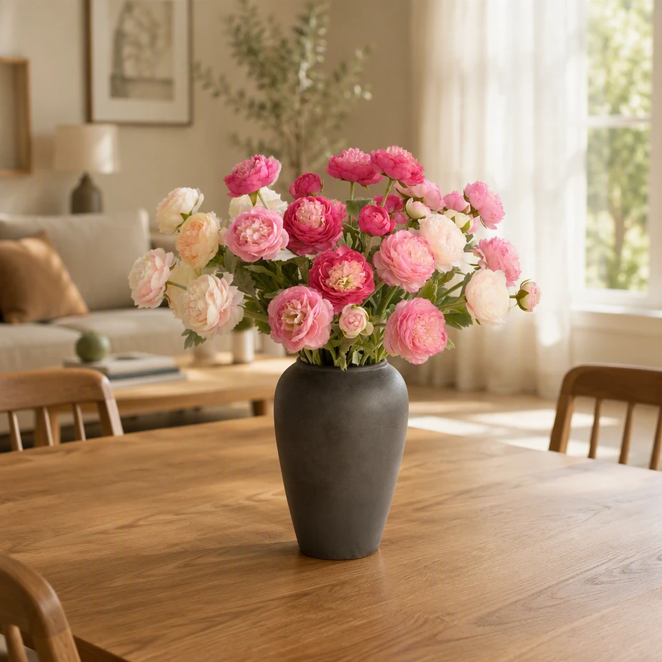 Pink and cream artificial flowers grouped in a tall dark vase